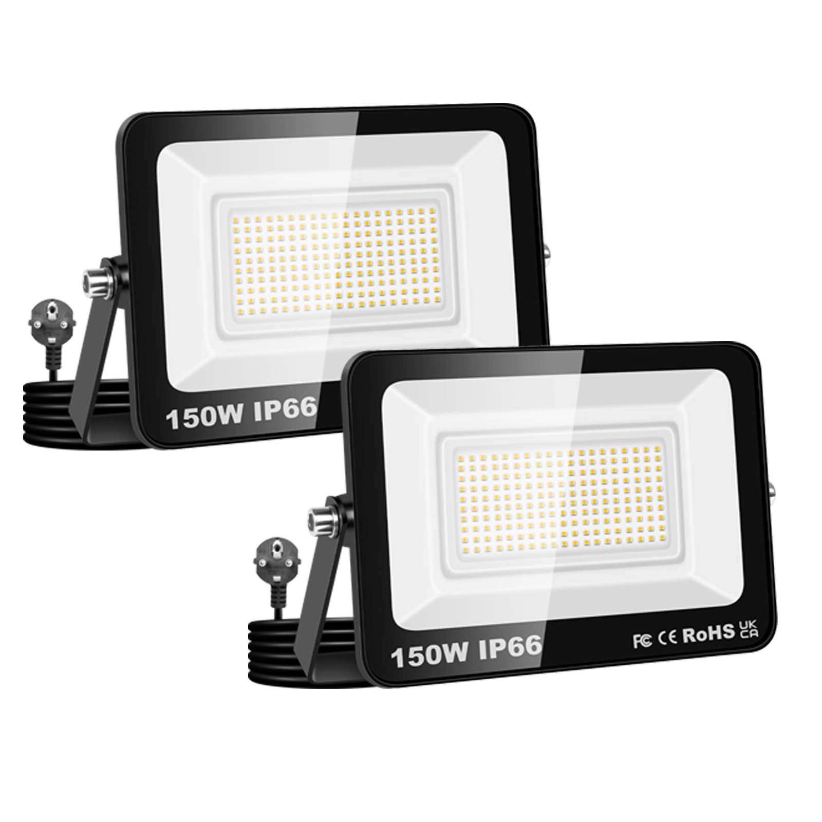 SKYWORLD 150W LED Außenstrahler 2x IP66 Wasserdicht | 4000K Kaltweiß | Superhell mit Stecker | Für Garten, Hof, Garageneinfahrt & Außenbereich