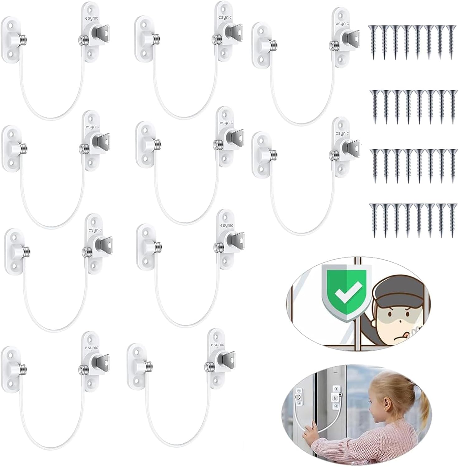 eSynic 10 Pack Durable Window Restrictors Lock Upvc Window Restrictor [Aluminium Metal&Stainless Steel Materials]7.28Inch Wire Long Window Safety Locks Anti-Theft Window Locks for HOME Factory Safety