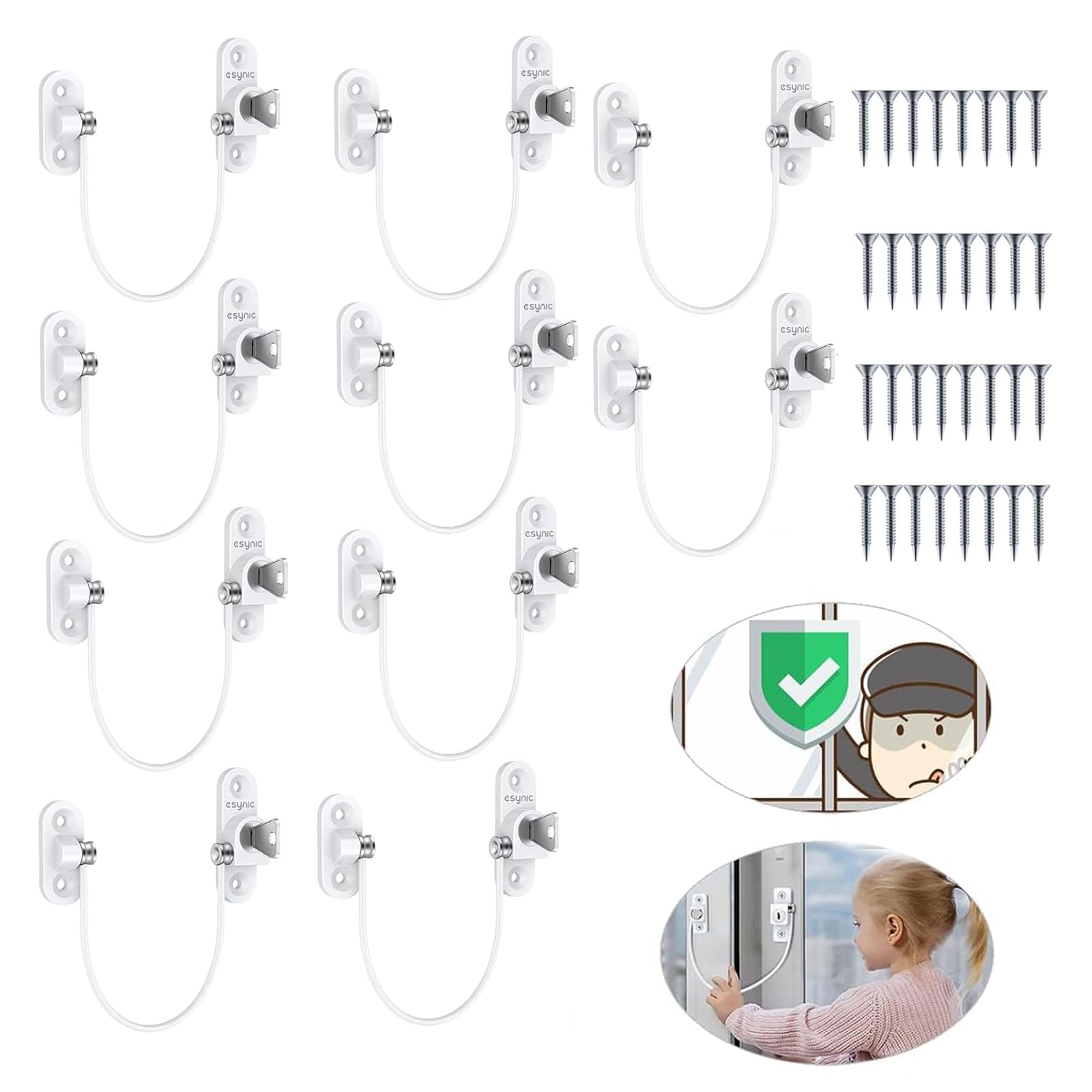 eSynic Lot de 10 verrous de fenêtre de sécurité pour enfants durables et solides avec fil de 185 mm de long, verrous de sécurité antivol en PVC pour la maison, le bureau, l'usine, la ferme, etc