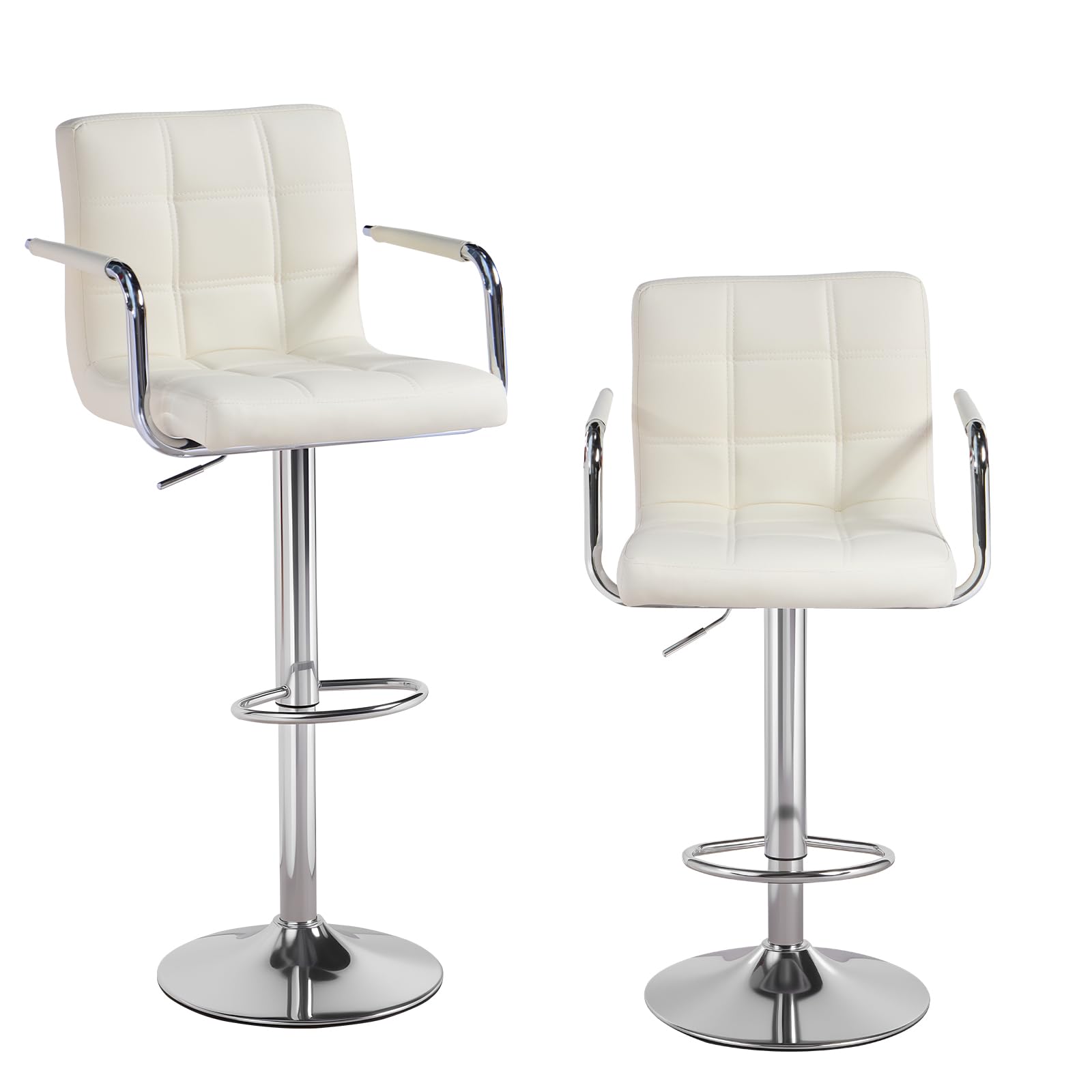 Cuban Bar Chairs with Armrest, Height Adjustable Synthetic Leather 360° Swivel Kitchen Stool with Backrest and Footrest for Breakfast Bar, Counter, Kitchen and Home (Set of 2, Beige)