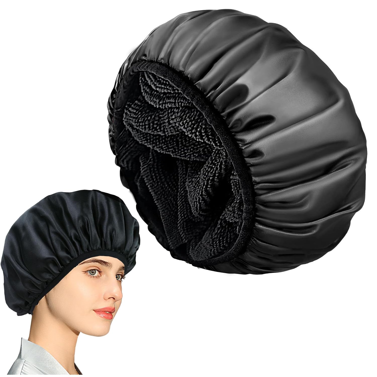 1 Paquete de Gorro de Ducha, Gorro de Ducha con Banda Elástica, Gorro de Ducha Doble, para Mujeres Y Niñas, Maquillaje, Cuidado Cabello, Gorro Elástico, Gorro Ducha Suave (Negro)