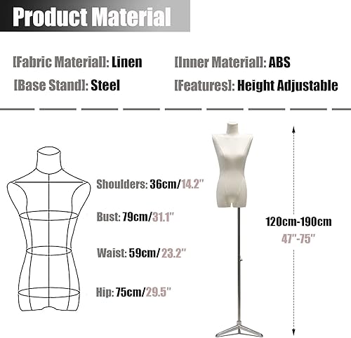 Miniatura 5 de Female Tailors Dummy Female Mannequin Torso with Stand, Mannequin Body Dress Form with Metal Tripod Base Height Adjustable 47-75 inches Tailors