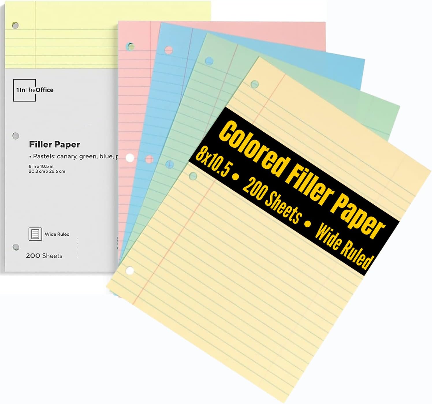 1InTheOffice Filler Paper Wide Ruled, Colored Loose Leaf