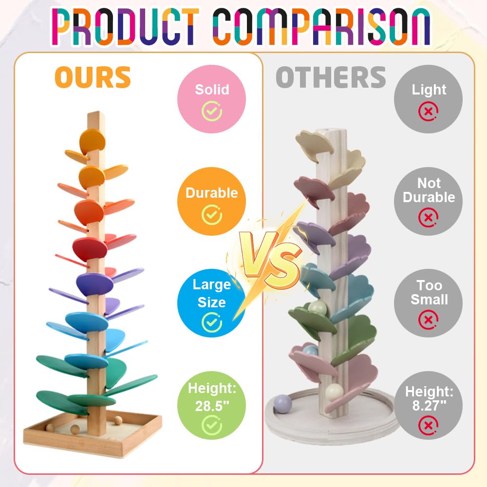 Drewniana wieża dźwiękowa, 72 cm, tęczowa kolejka dla kulek od 1 roku, duża kolejka kulkowa z 10 kulkami i 6 kolorowymi poziomami, Montessori tęczowa wieża drewniana