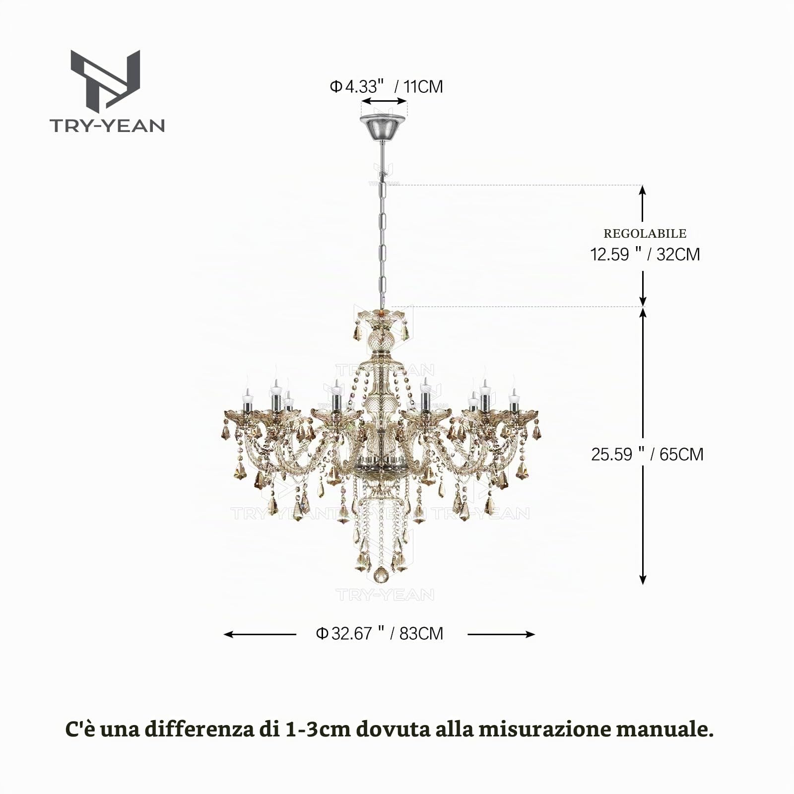 Lampadario Moderno Cucina a 10 Braccia Lampadario Cognac Cristallo Sospensione Classico K9 Cristalli Gocce con Catena Regolabile per Camera da Letto Soggiorno Sala da Pranzo Ristorante E14