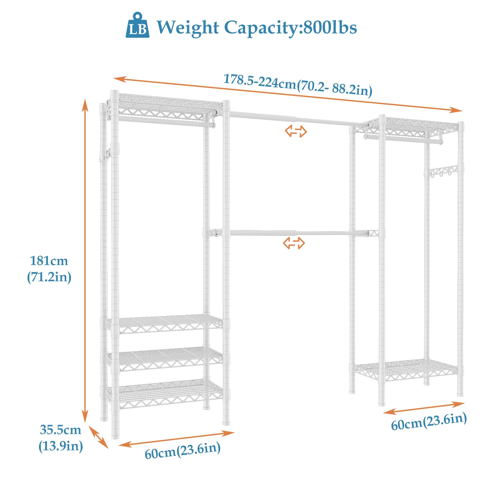 Erweiterbar Kleiderständer,Kleiderstange,(70.2-88.2”) Lx13.9”Wx71.2”H Schwerlast Kleiderständer Metall Garderobenständer Kleiderbügel Kleiderschrank mit Haken (Weiß)