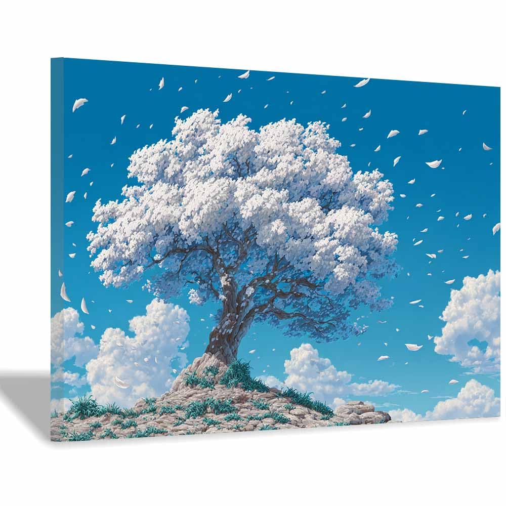 CUDAOO Drzewo życia sztuka ścienna białe bawełniane drzewo do salonu dekoracja sypialni biura dekoracja domu (niebiesko-białe) - 40 x 60 cm oprawione