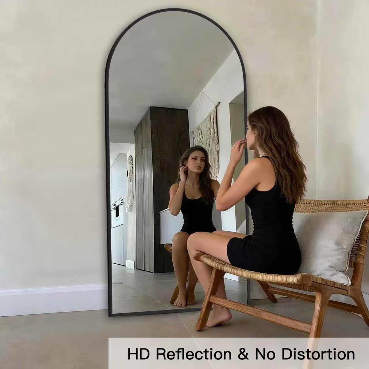 Mirror Full Length 71"×30" Full Body Mirror Arched Full Length Mirrors with Stand for Living Room,Bedroom Hanging Mirror for Cloakroom,Black