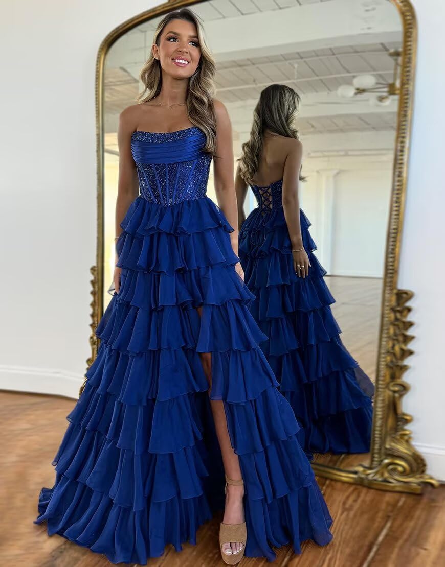 Cudiew Sequin Strapless Corset Prom Dress for Women 2026 Chiffon Tiered Maxi Formal Evening Party Dress with Slit - Image 4