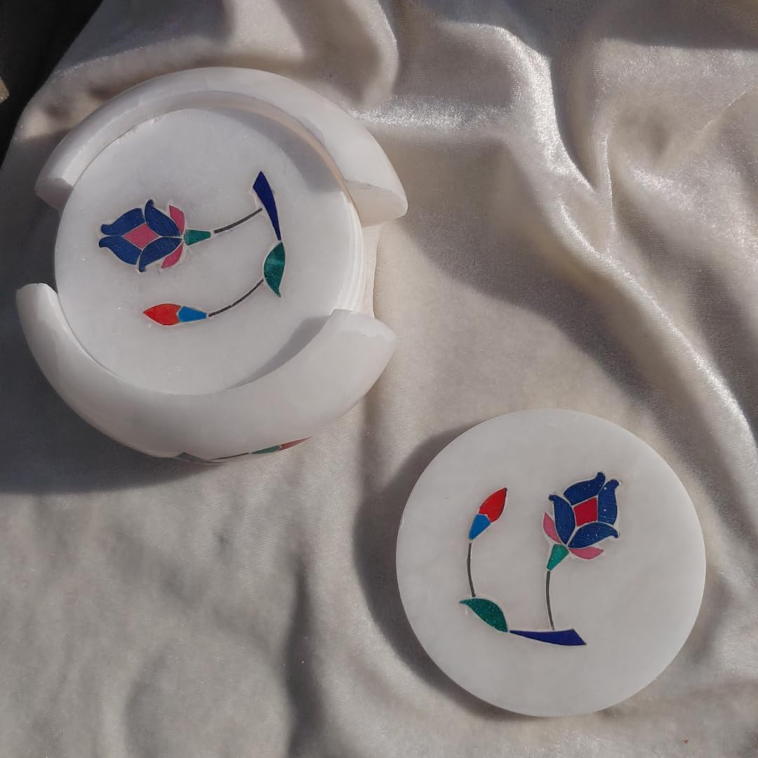 White Marble Coaster Set with Floral Inlay, Round, 4x4 Inch, Handcrafted Stone Tea Coffee Table Decor