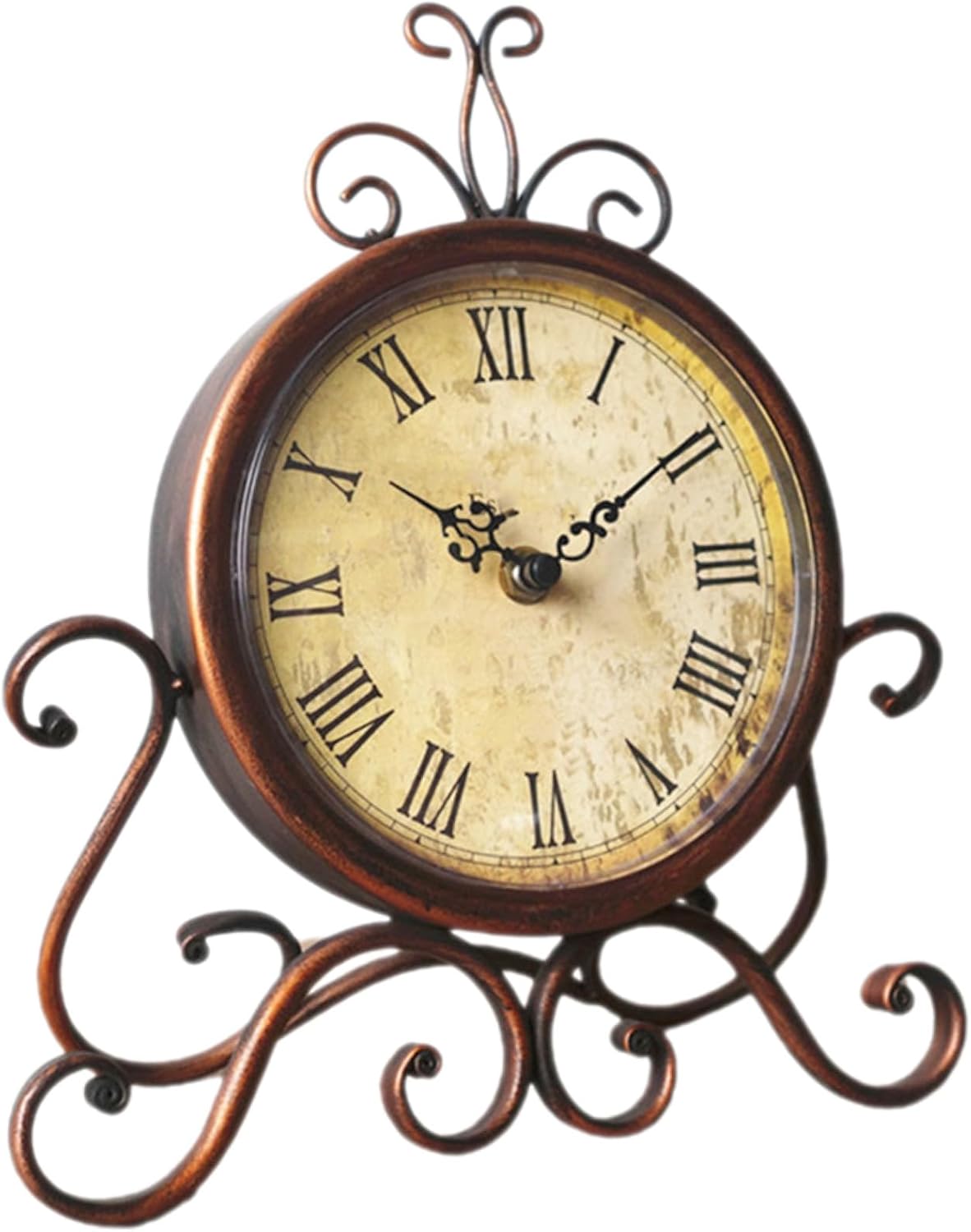 TOYANDONA Vintage Style Iron Mantel Clock Brown Retro Decorative Desktop Clock Silent Living Room Bedside Table Ornament No Battery