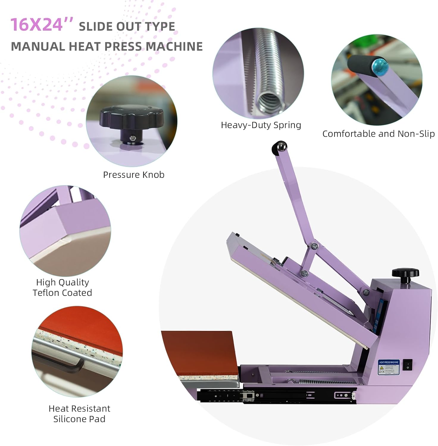 16x24 Manual Heat Press Machine with Slide-Out Base Rotation Heat Press Shirt Printing Machine for T-Shirts, Pillows, Coasters (Purple, 16x24)