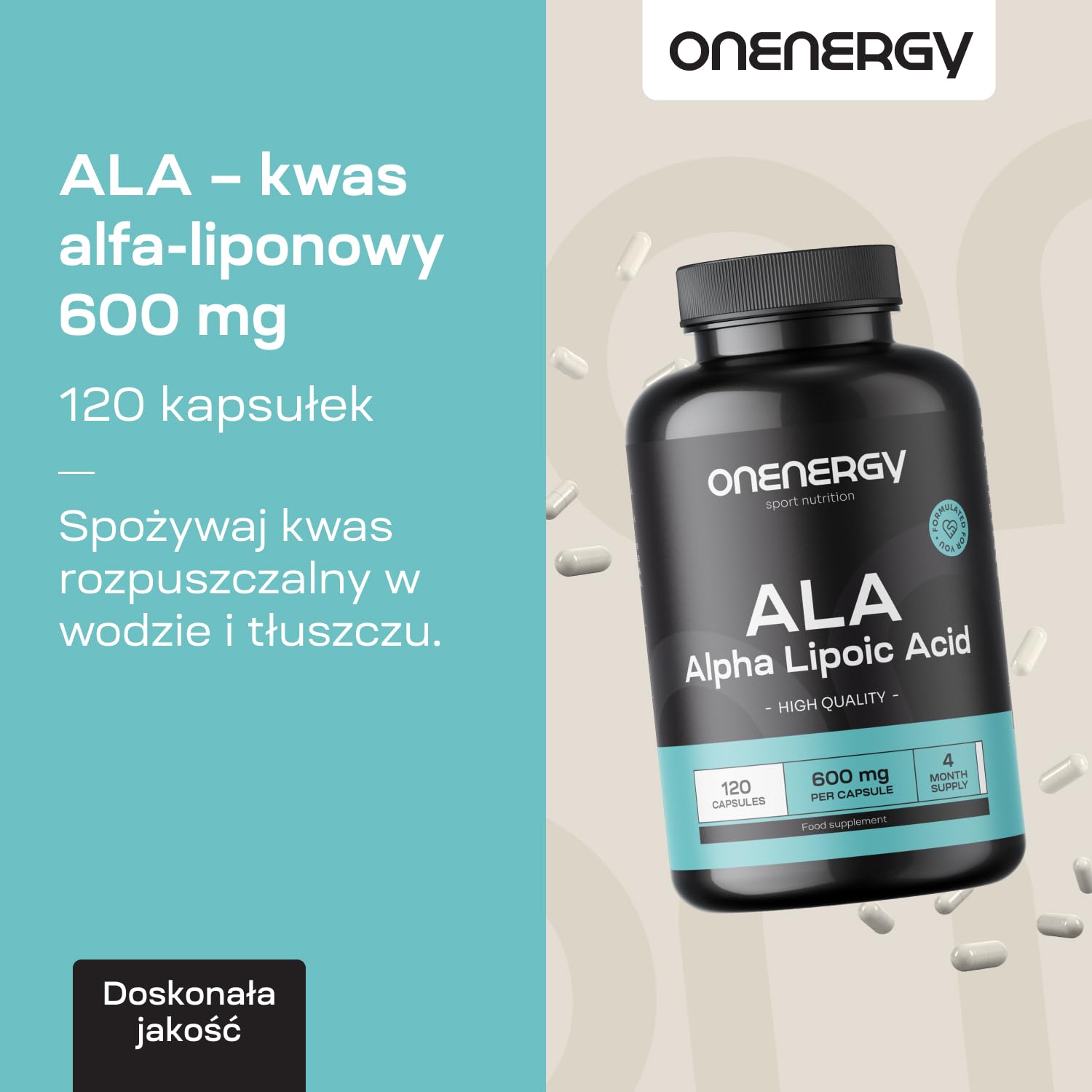 ALA – Kwas alfa-liponowy 600 mg – 120 kapsułek roślinnych – Zapas na 4 miesiące – Wysoka dawka – Dla sportowców i osób aktywnych fizycznie – Dodatkowa energia