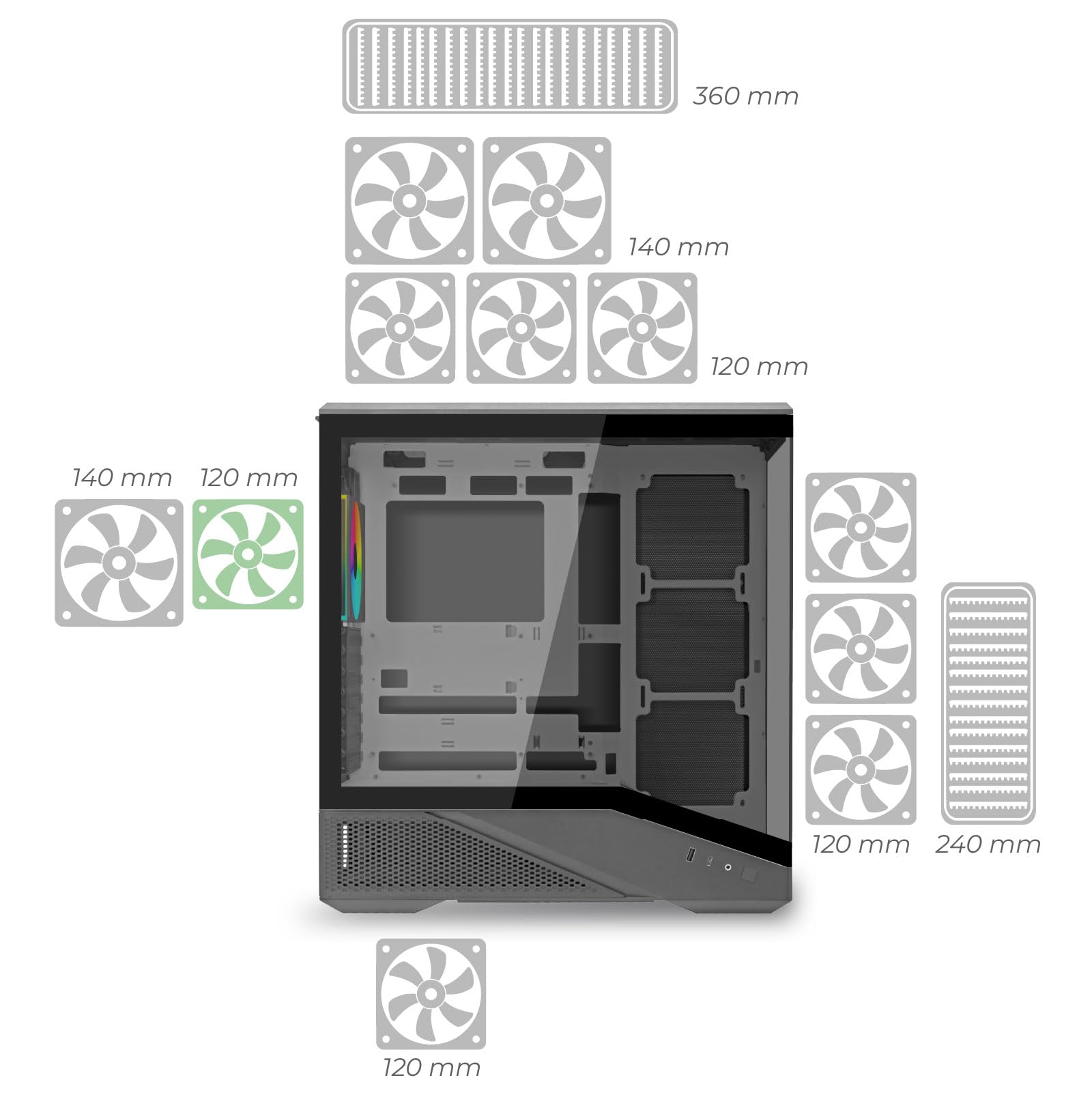 Noua Cool G5 - Caja ATX para PC Gaming, 0,60 mm, SPCC, 4 ventiladores Dual Halo RGB, 5 V, 3 pines, ADD, RGB, vidrio templado, 3 puertos USB 3.0/2.0, paneles laterales de cristal templado