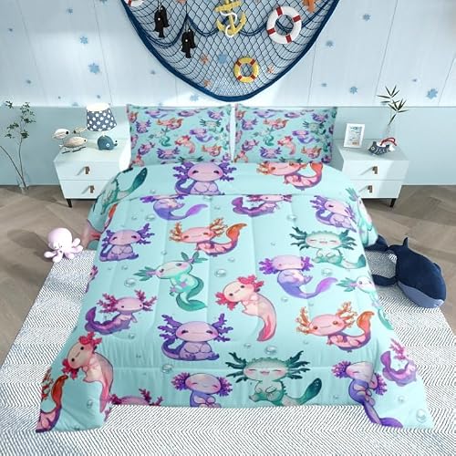 Manfei Cartoon Axolotl Comforter Set King Size,Cute Purple Blue Wildlife Animal Bedding Set for Girls Teens Bedroom Decor Green Polka Dots Sea Creature Soft Chic Quilted Duvet with 2 Pillowcases