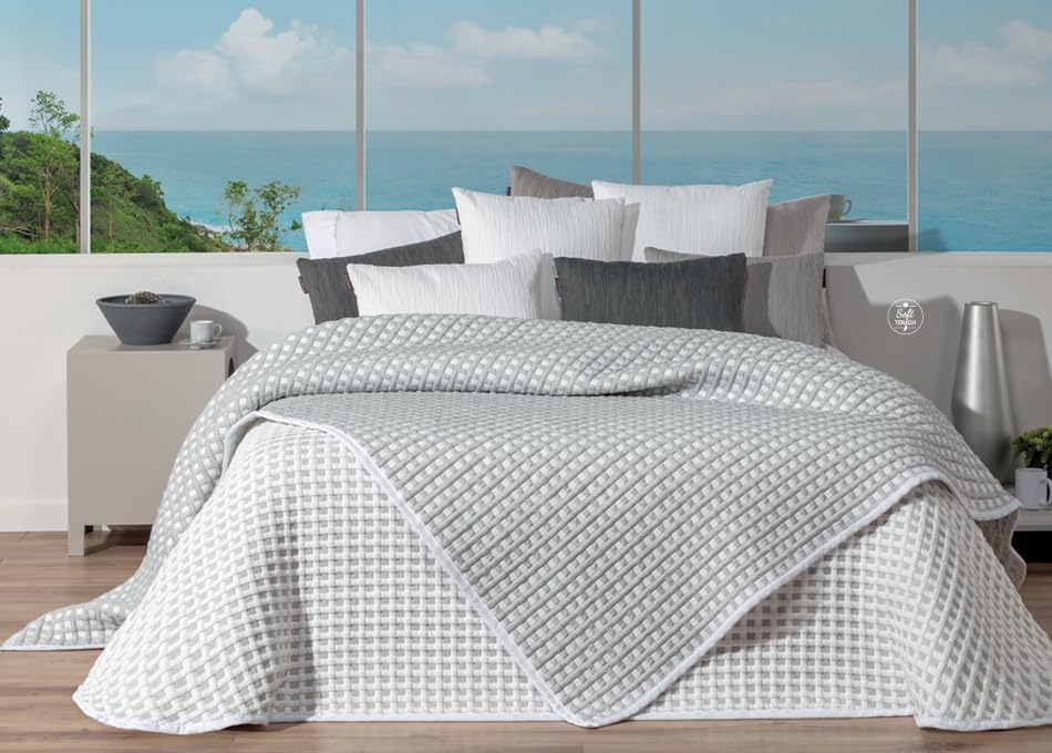 Manterol Colcha Cubrecama de Jacquard Reversible, Kai (Blanco/Gris, Cama 135)