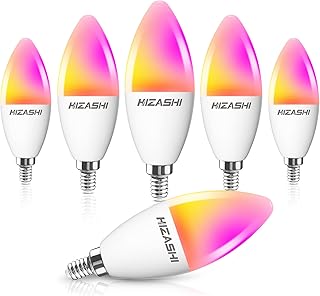 Hizashi E12 Smart Bulbs, Alexa Smart Candelabra Light Bulb Chandelier WiFi Light Bulb Works with Alexa & Google Home, 60W Equivalent 2700-6500K+RGBCW, No Hub Required, 2.4GHZ WiFi Only, Pack of 6