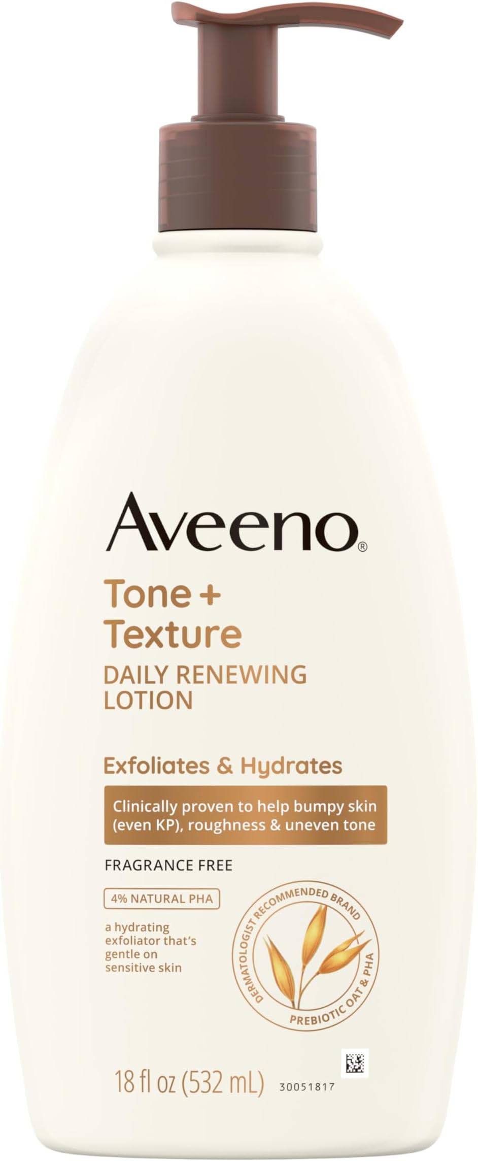 Aveeno Tone + Texture Daily Renewing Body Lotion with Prebiotic Oat Hydrates & Smooths Dry, Rough, Bumpy Skin Even KP, Fragrance-Free, 18 fl. Oz