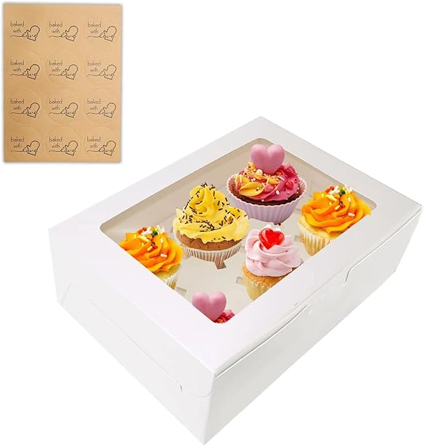 12 Packs White Cupcake Boxes 6 Holes with Window (6.3x9.45x3 Inches), Rectangle Cup Cake Boxes for Cupcakes Muffins Desserts, Suitable for Home Baking, Party, Wedding, Christmas, halloween, Cake Shop