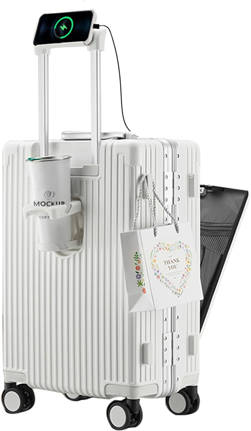 feilarioAluminium Frame Hardside Expandable Spinner Wheel Luggage, Built-In TSA lock Carry on Suitcase, with Cup Holder & Phone Holder - - in 20in/24in Sizes, A-White, 20 inches, Business