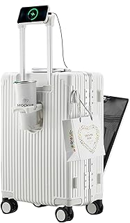 20in Aluminium Frame PC Hard Shell Spinner Wheels Luggage, Built-In TSA lock Carry on Suitcase, with Cup Holder, USB Port, Phone Holder