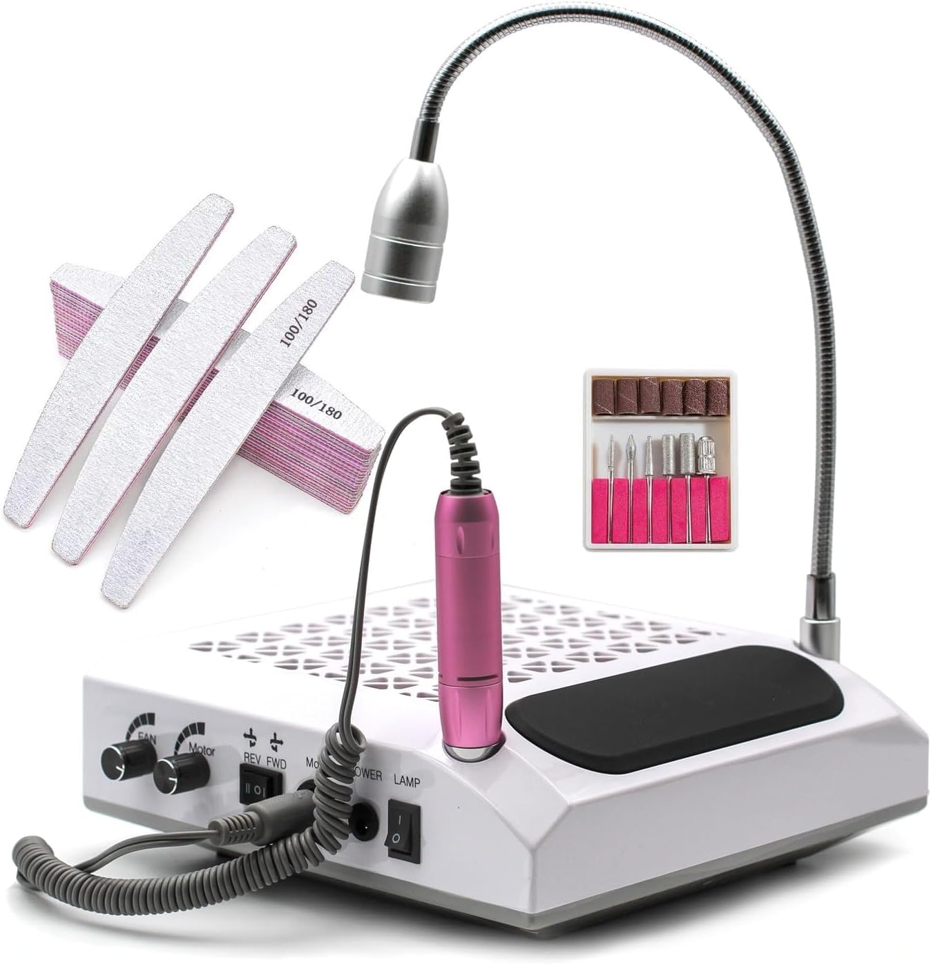 Fresa da Unghie 4 in 1 Con Aspiratore 60w e filtro lavabile con Fresa Unghie Elettrico 30000 giri e Lampada Led 5w Bianco Freddo + 50 Lime Lime A Mezza Luna Bilaterale Grana 100/180