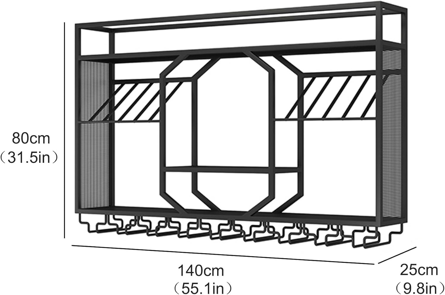 Wall Mounted Wine Rack Floating Bar Shelves Liquor Shelf with Hanging Wine Glass Holder for Liquor Bottles Whiskey Display Shelf for Home Bar Dining Room Kitchen(Black,140cm/55.1in)
