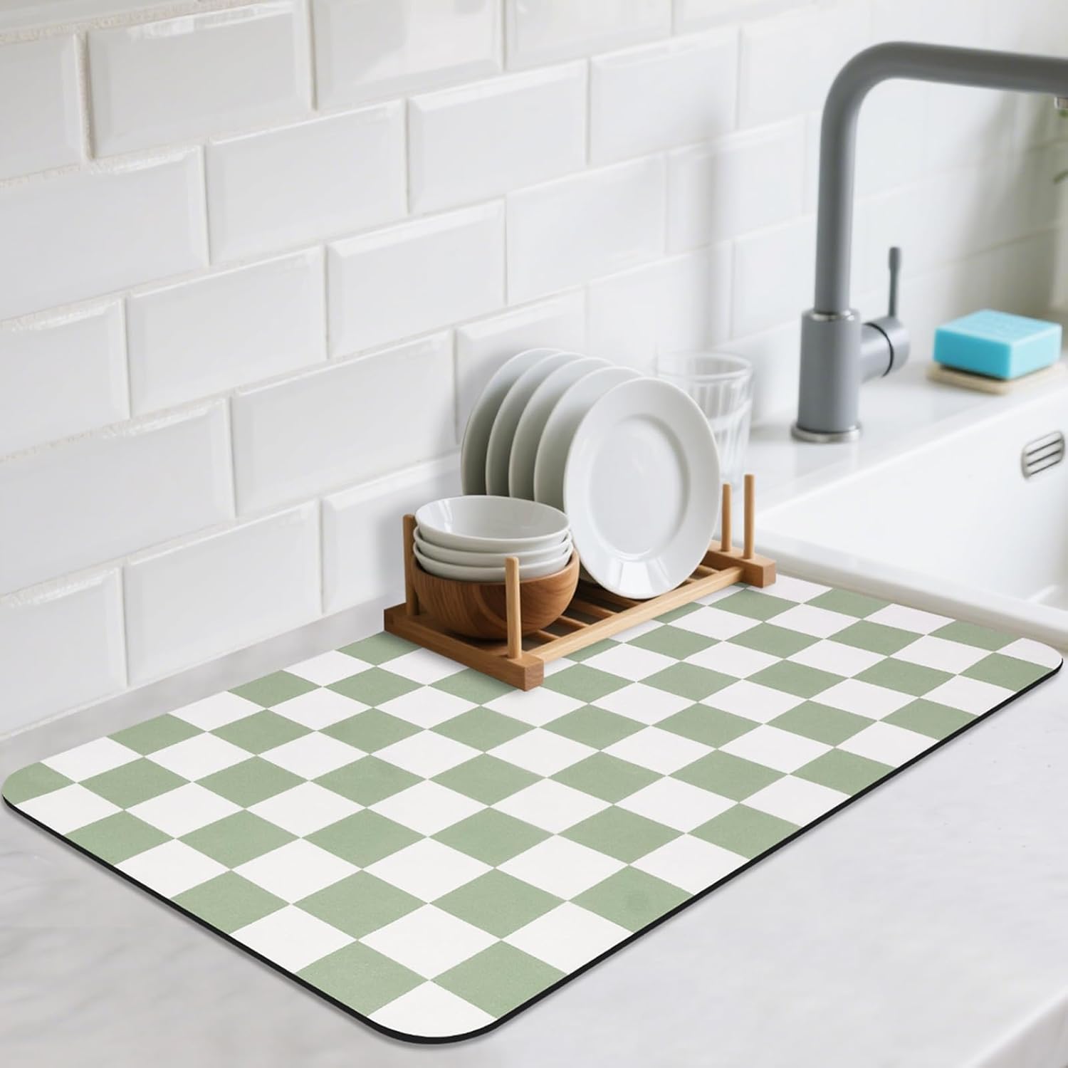 CooRug Checkered Dish Drying Mat for Kitchen Counter, 12" x 20", Green