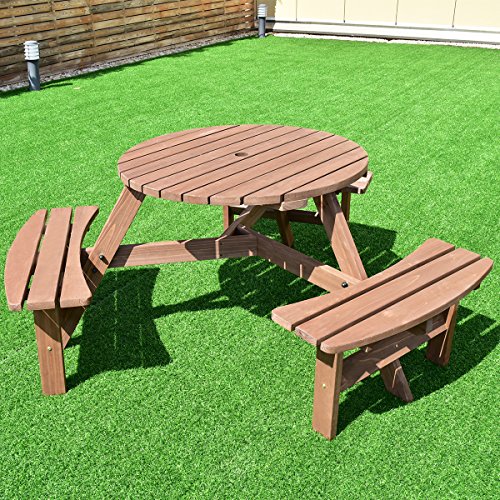 Giantex 6 Person Wooden Picnic Table Set with Wood Bench, with Umbrella Hold Design, Perfect for Outdoor Garden Yard Pub Beer Dining, Dark Brown
