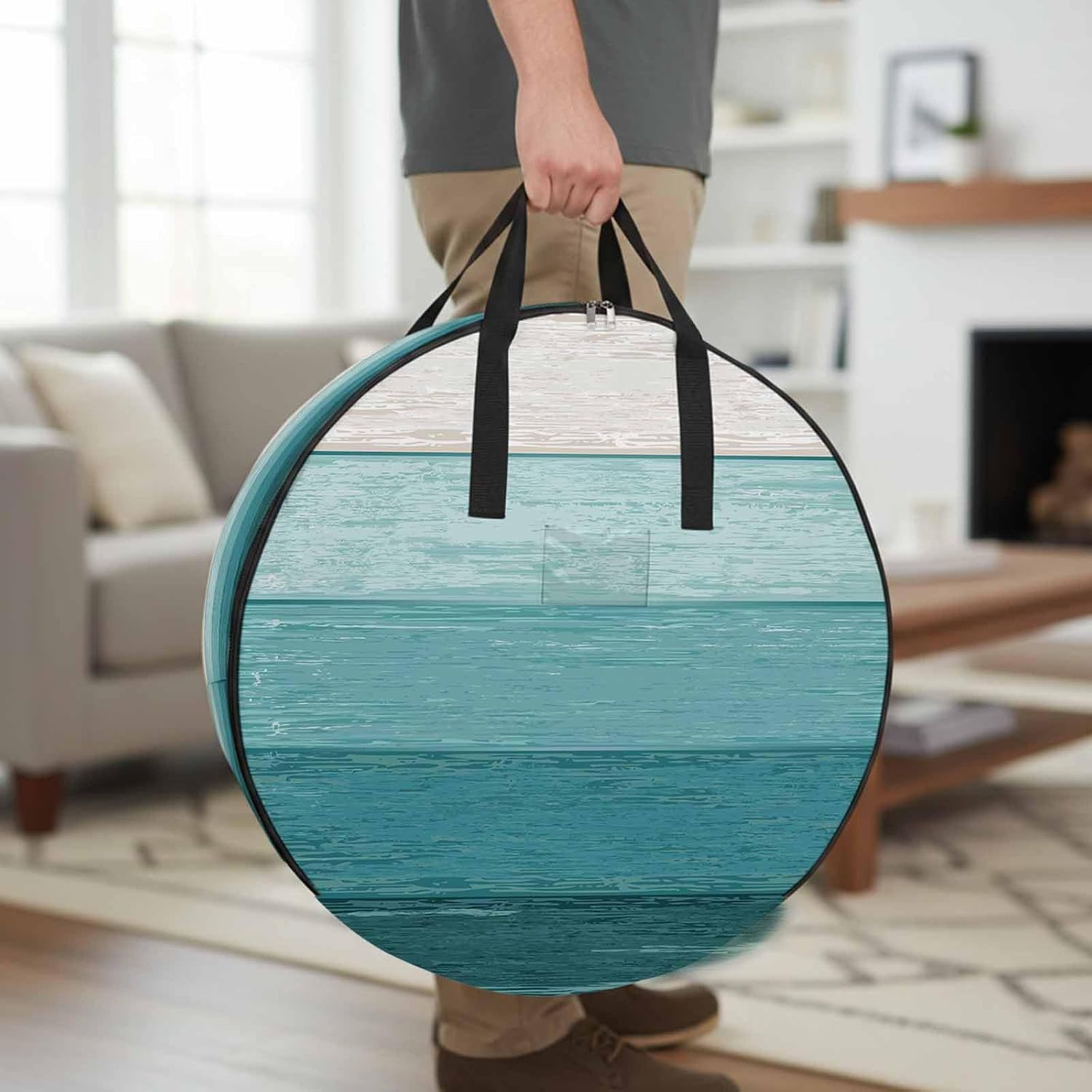 Rustic Stripes Round Storage Bag 36 Inch, Aqua Gradient Farmhouse Wood Grain Clothes Storage Container with Handles Heavy Duty Organizer for Comforter, Bedding & Holiday Wreaths