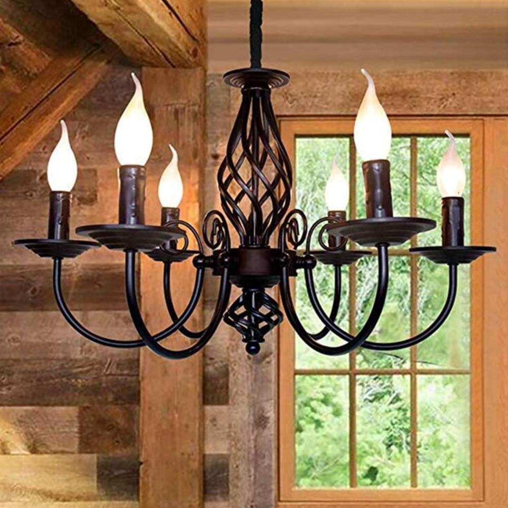 Antik Schwarz Kronleuchter Kerze Pendelleuchte Industriestil Eisen Esszimmer Lichter Höhenverstellbar E14 Schmiedeeisen Retro Hängelampe Landhausstil Wohnzimmer Schlafzimmer Pendellampe, 6-Flammig