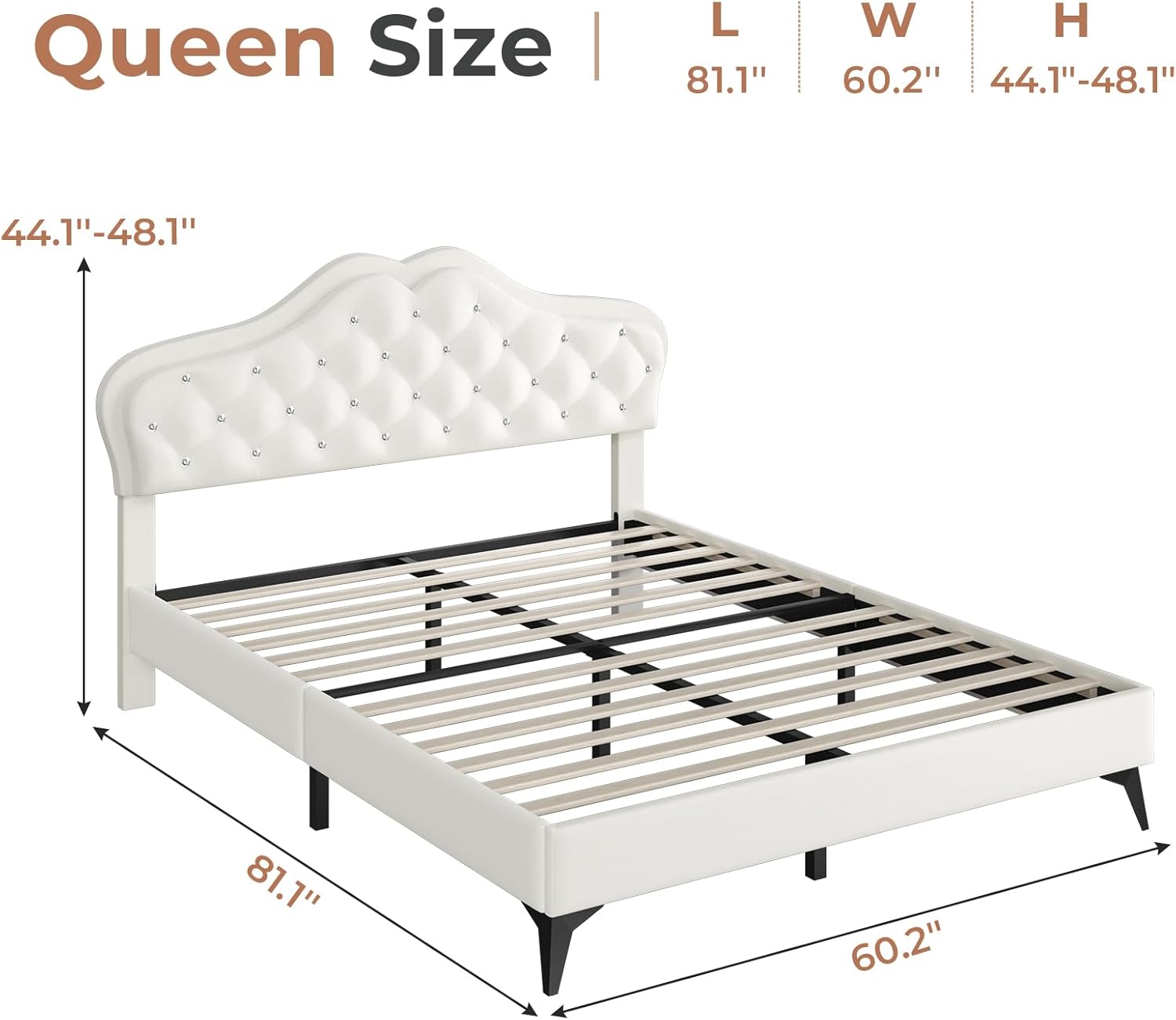 BTHFST Queen Size Upholstered Bed Frame with LED Lights, Adjustable Headboard with Crystal Button, Princess Platform Bed for Girls, Solid Wood Slats Support, No Box Spring Needed, Beige