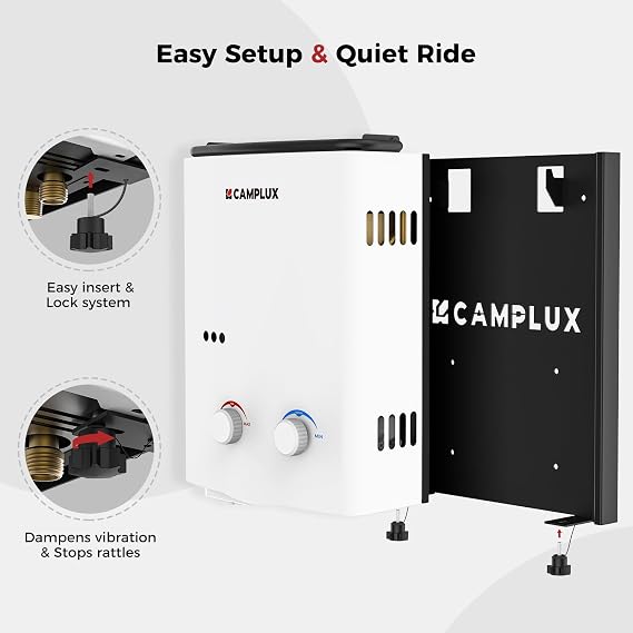 CAMPLUX Portable Propane Water Heater & Pump Kit, 1.32 GPM Tankless Gas Shower System with 12V Pump, Long Power Cables & Extension Hoses, Instant Hot Water for Off-Grid Camping, RV, AY132P43, White
