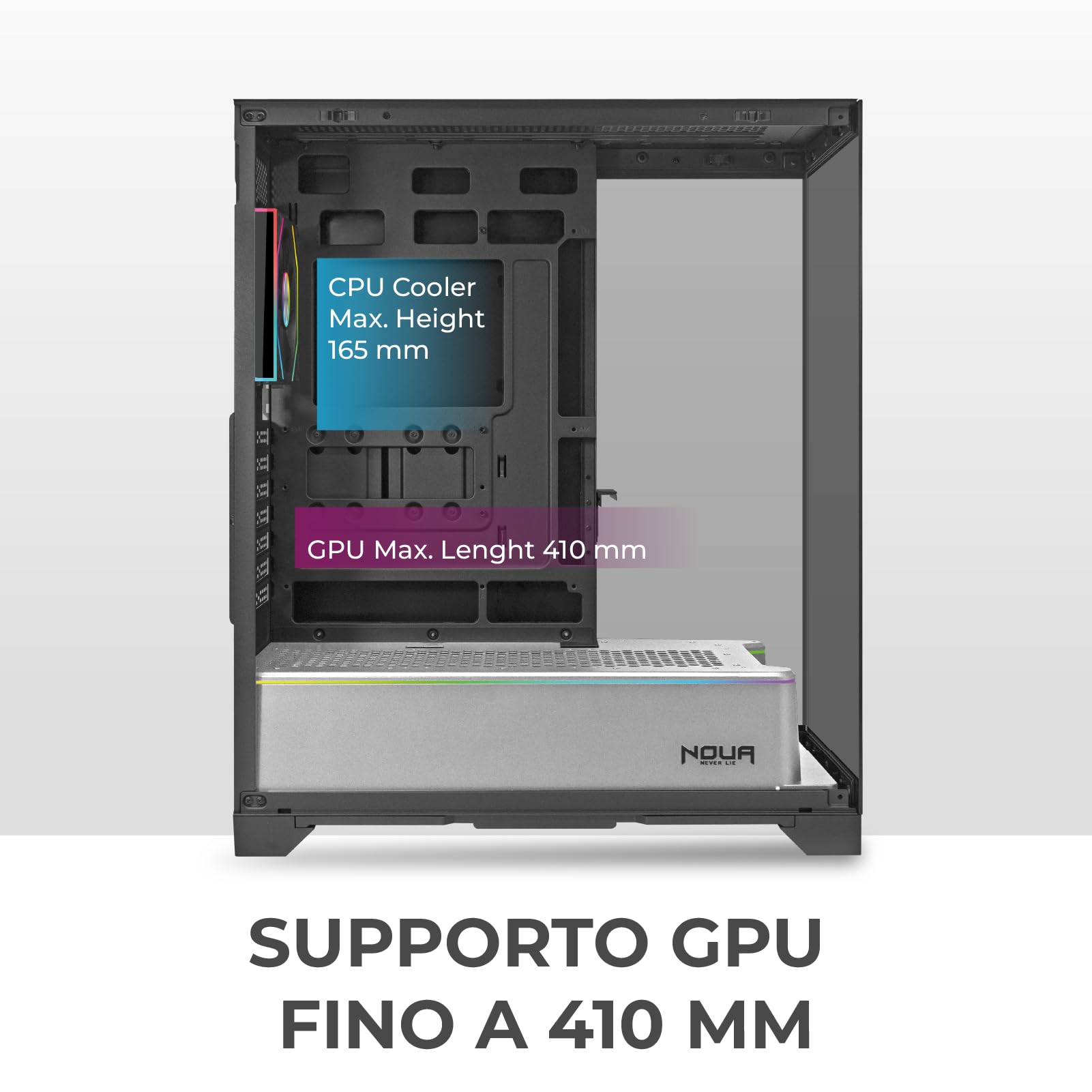 Noua Utopia FS100, Case Gaming ATX, Triplo Vetro Temperato Continuo Senza Cornici, Ventola ARGB e Strip LED ARGB, Supporto Raffreddamento Liquido fino a 360mm, Silver