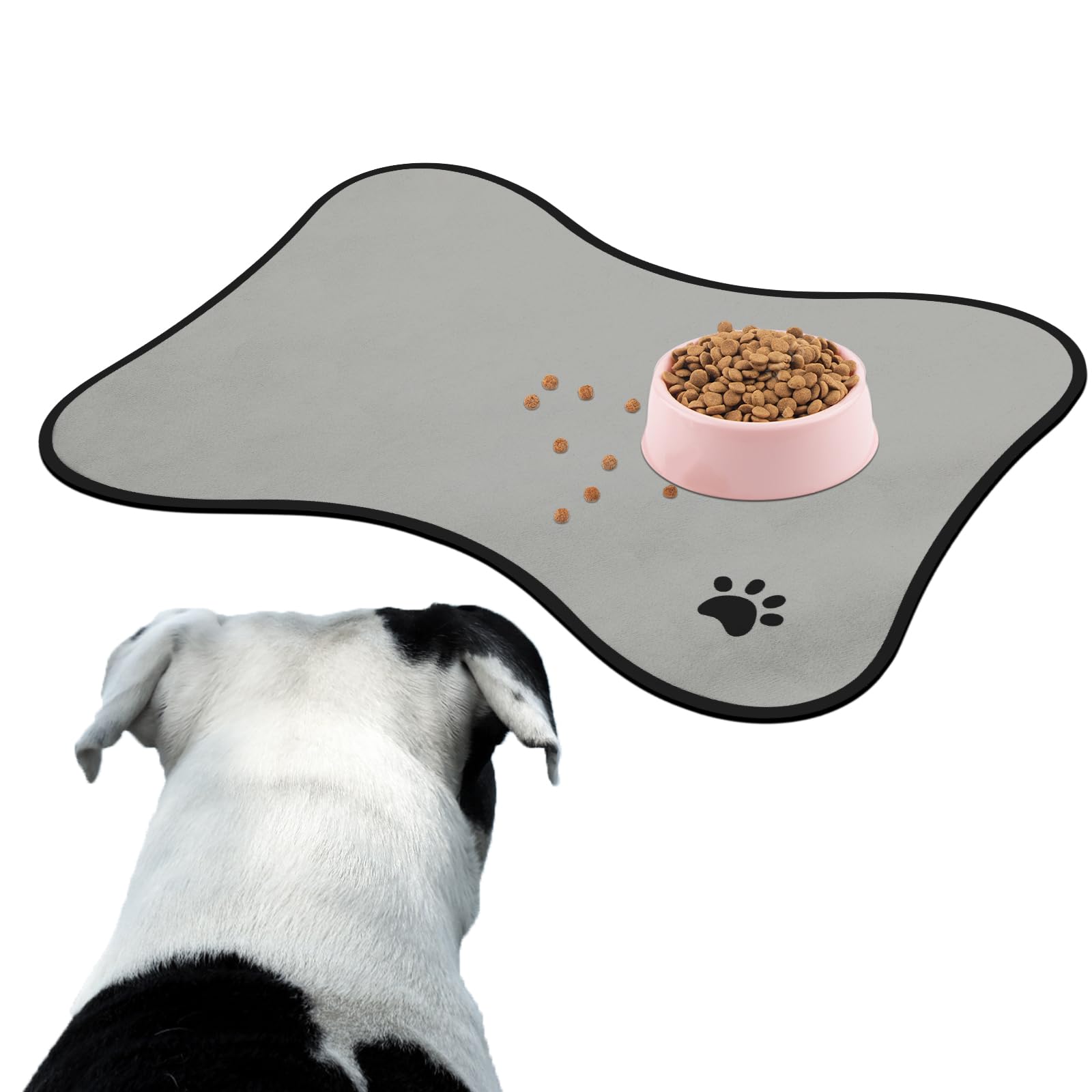 Muecleao Pet Feeding Mat, Cat Dog Food Mat, Non Slip Absorbent Quick Dry Dog Bowl Mat, Hide Stains Easy to Clean Pet Food Mat for Cats and Dogs (Bone Shape Light Grey, 40x 60 cm)