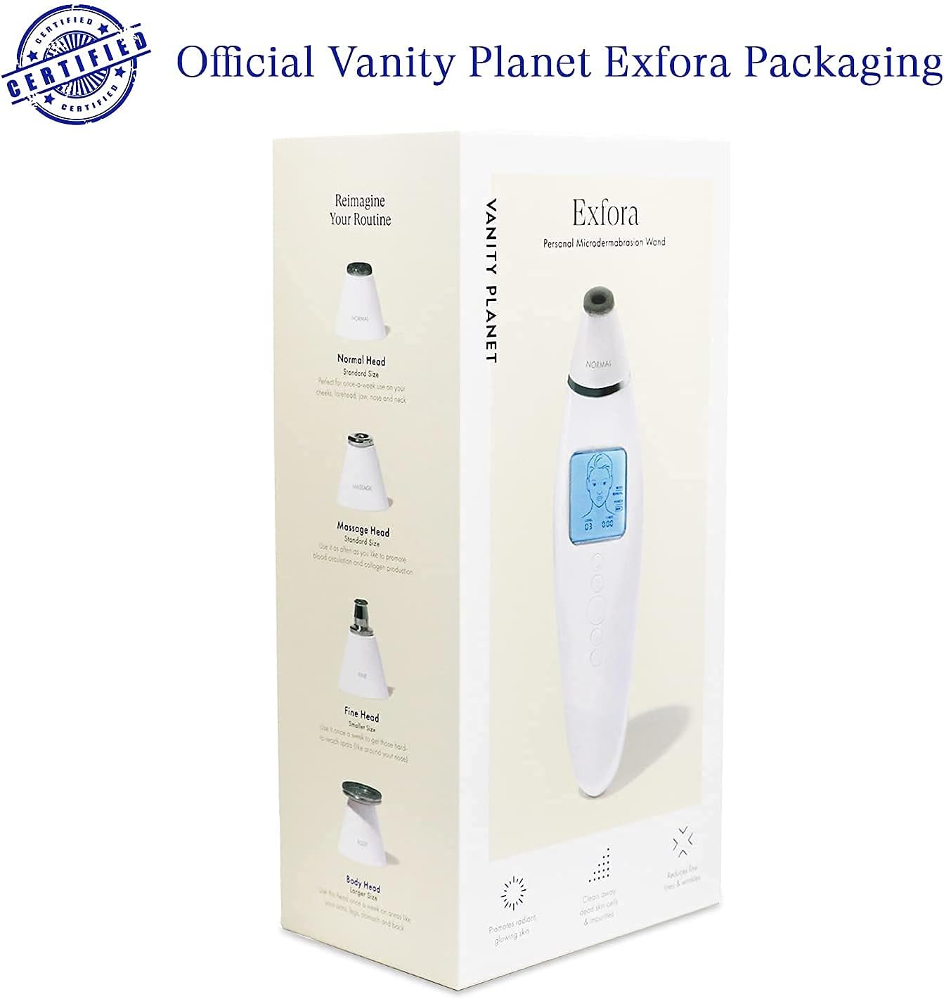 Vanity Planet Exfora Microdermabrasion Wand - Acne Treatment with LED Display, 4 Interchangeable Heads, Dual Charging Mode, Facial Cleanser for All Skin Types : Beauty & Personal Care