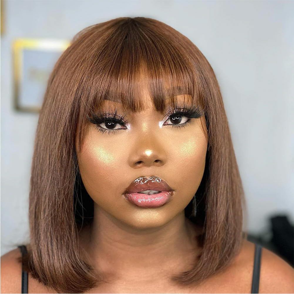 Joedir Short Bob Straight Black Bob Wig with bangs 100% Human Hair Wig for Women 10 inch Short Bob Wig Natural Looking for Daily Use(Ombre Black to