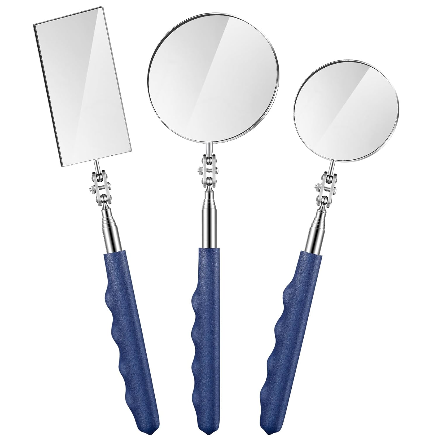 3 Pieces Telescoping Inspection Mirror Stainless Steel Extendable Mechanic Mirror with Long Handle Tool for Technicians Mechanics Contractors (50/25/30 mm,Round,Oval,Round)