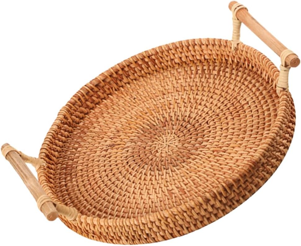 Handmade Vine Woven round Fruit Plate and Bread Organizer Basket Natural Rattan Storage Tray for Kitchen Countertop and Dining Table Use