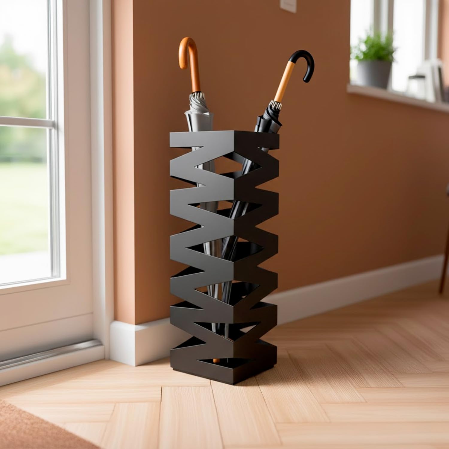 Portaombrelli In Acciaio Zincato Con Intarsi Decorativi Porta Ombrelli Vaschetta Scolapioggia 2 Ganci Removibili Base Antiscivolo per Ingresso Casa Ufficio Design Moderno 49 x 15.5 x 15.5 Cm (Nero)