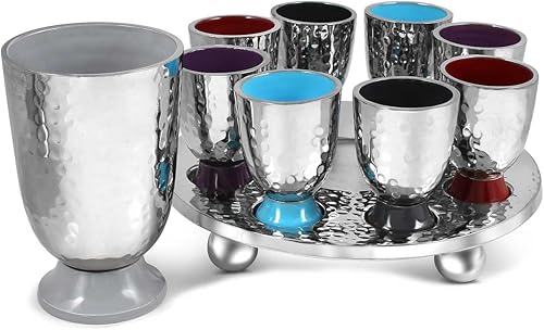 Miniatura 6 de Elegant Display Kidush Cup Juego de fuente de vino  Metal martillado con detalles de esmalte  Copa grande, 8 tazas de chupito para Shabat, Pascua,