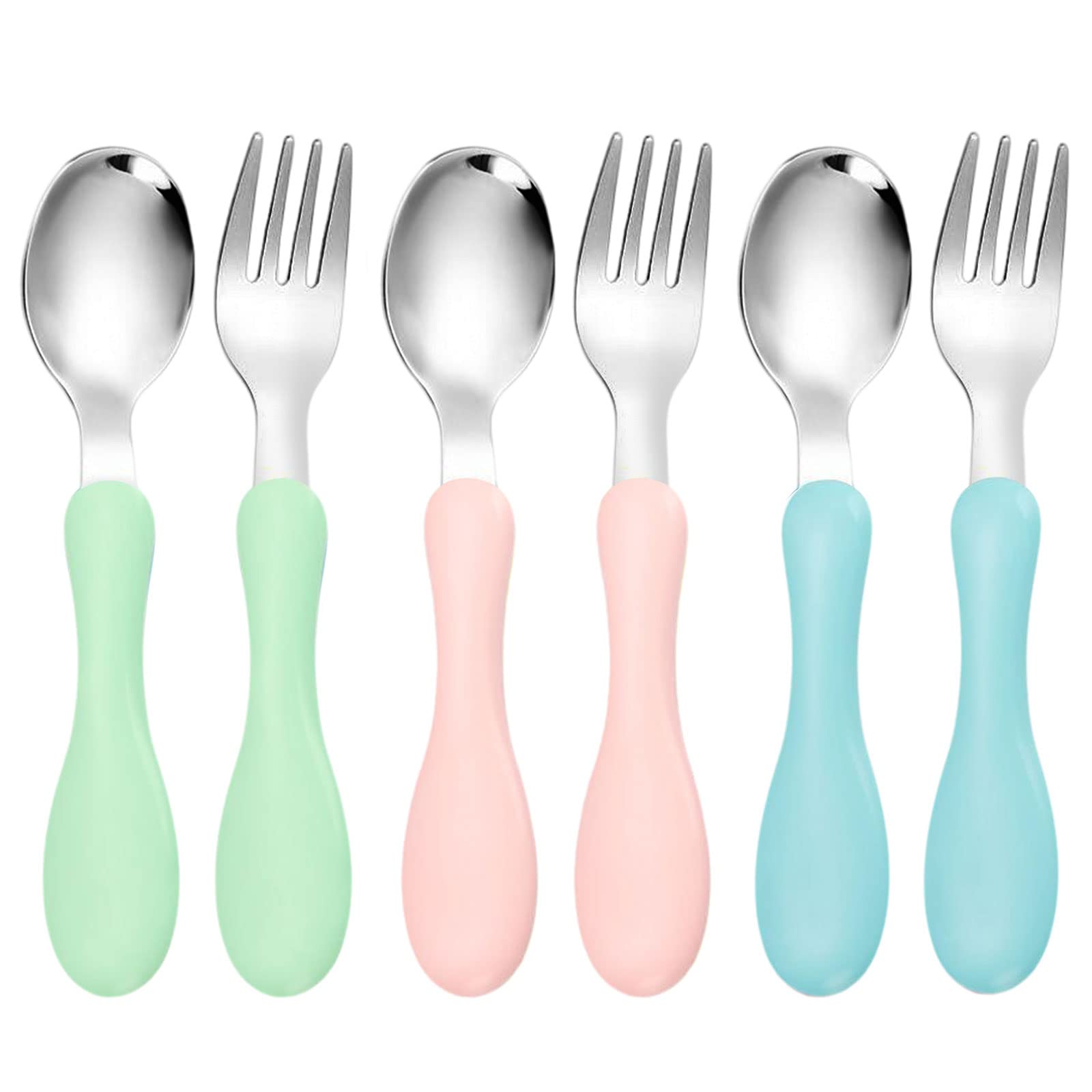 6 Pcs Baby Fork and Spoon, Toddler Stainless Steel Utensils Self Feeding Silverware Set with Round Handle Kids Cutlery Set for Children Training Learning to Use, Pink + Green + Blue