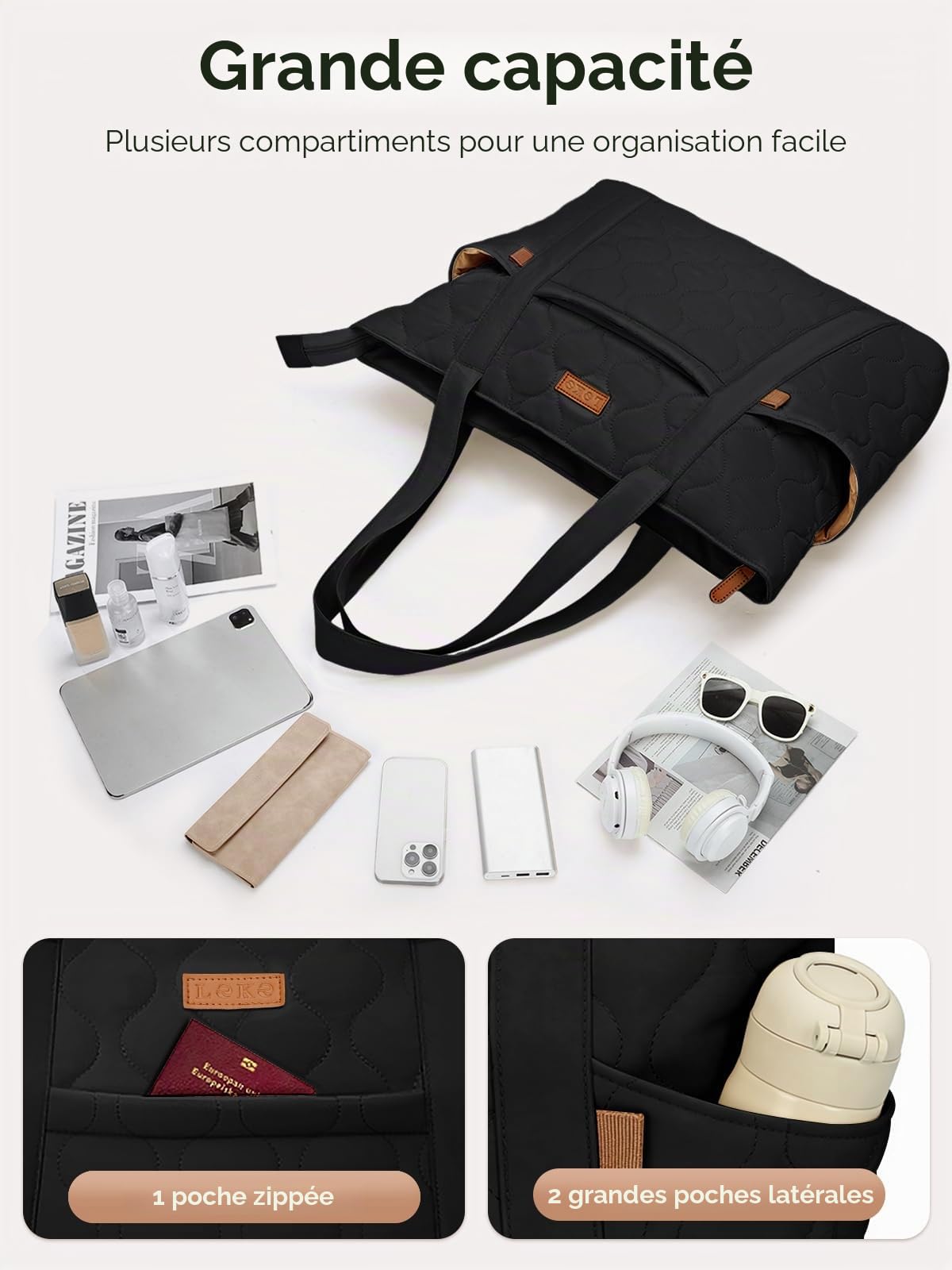 Sac Cabas pour Femme Grand, Sac Fourre Tout pour Ordinateur Portable 15,6 Pouces, Sacs a Main avec Fermeture Éclair, Sacs Bandoulière Léger pour Shopping Université Travail Voyage