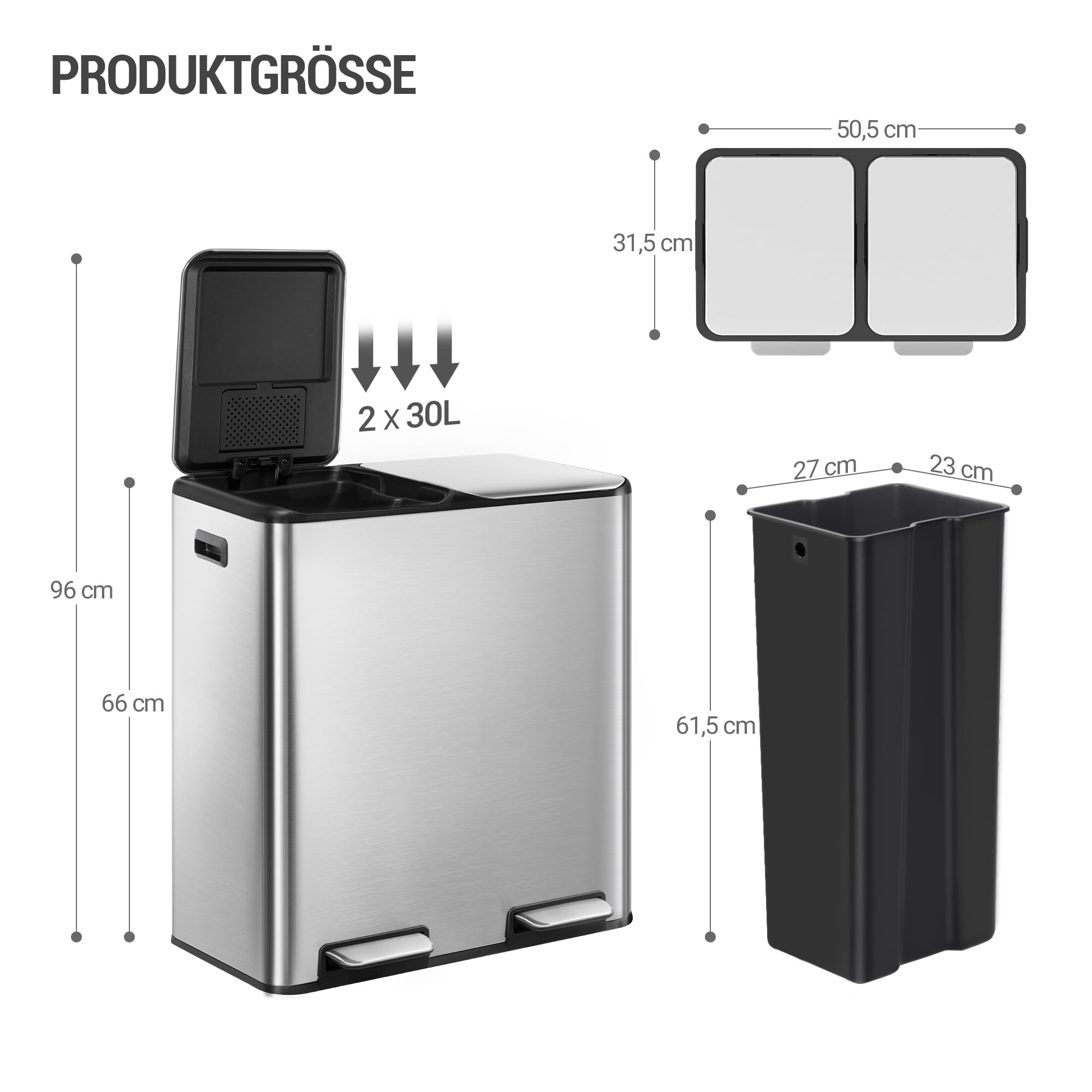 Hzuaneri Mülleimer Küche, 2 x 30 L, Mülltrennsystem 2 Fächer 60 L, Edelstahl-küchenmülleimer, Tretmülleimer, Abfalleimer Ruhiger Langsamer Abstieg, mit 15 Exklusiven Abfallbeuteln, Silber SW06099E