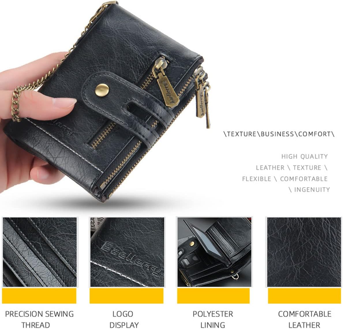 SUMGOGO Wallets for Men Bifold Leather Wallets with Chain RFID Blocking Double Zipper Coin Pocket Short Purse (Coffee) - Image 5