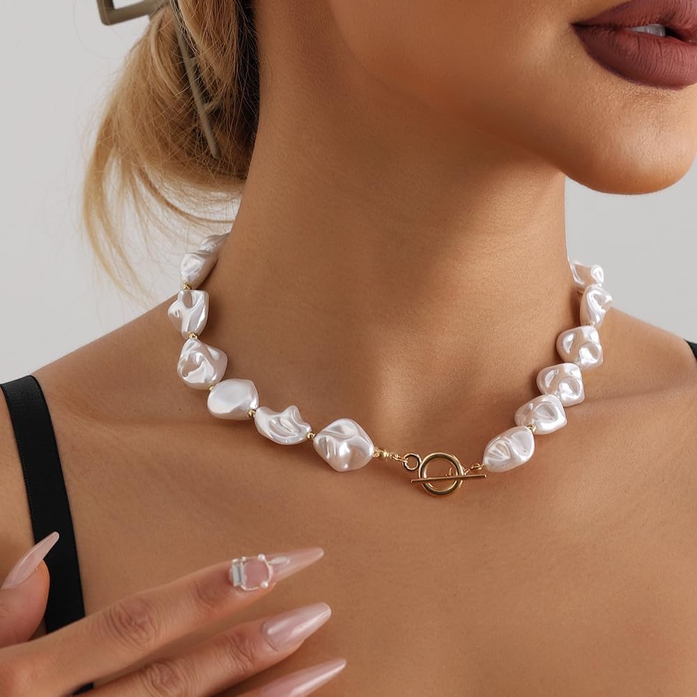 Baroque Pearl Necklace for Women Chunky Gold Pearl Choker Necklaces Thick Irregular Beaded Chain Toggle Necklace Charm Jewelry Gifts