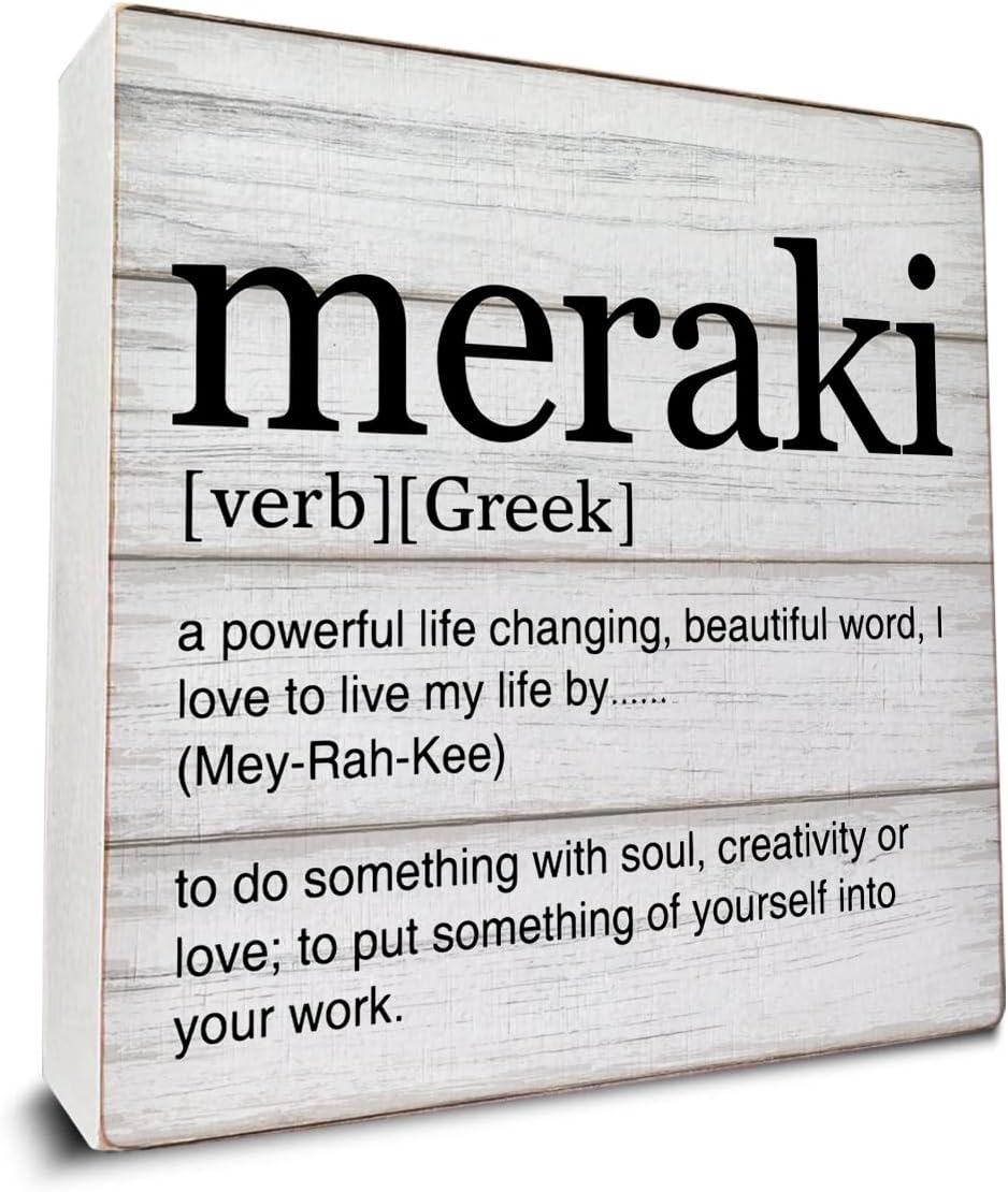 Greek Art Meraki Definition Wooden Box Sign Life Quote Desk Decorative Wooden Sign Home Decor for Desk Table Shelf 5 x 5 Inches