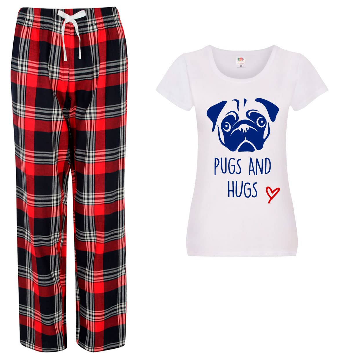 60 Second Makeover Limited Pugs And Hugs Pyjamas Ladies Tartan Trouser Bottoms Pyjama Dog Pyjamas Red