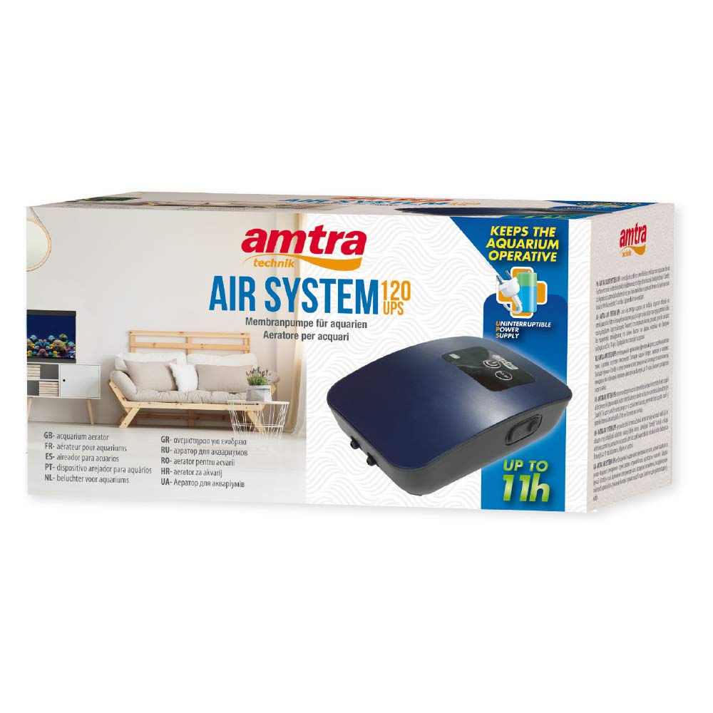 Amtra Air System 120 Ups - Aireador De Acuario Silencioso, Kit De Aireación De Filtro De Acuario Incluido, Duración De La Batería 11 Horas, 2 It/Min - 2 Salidas