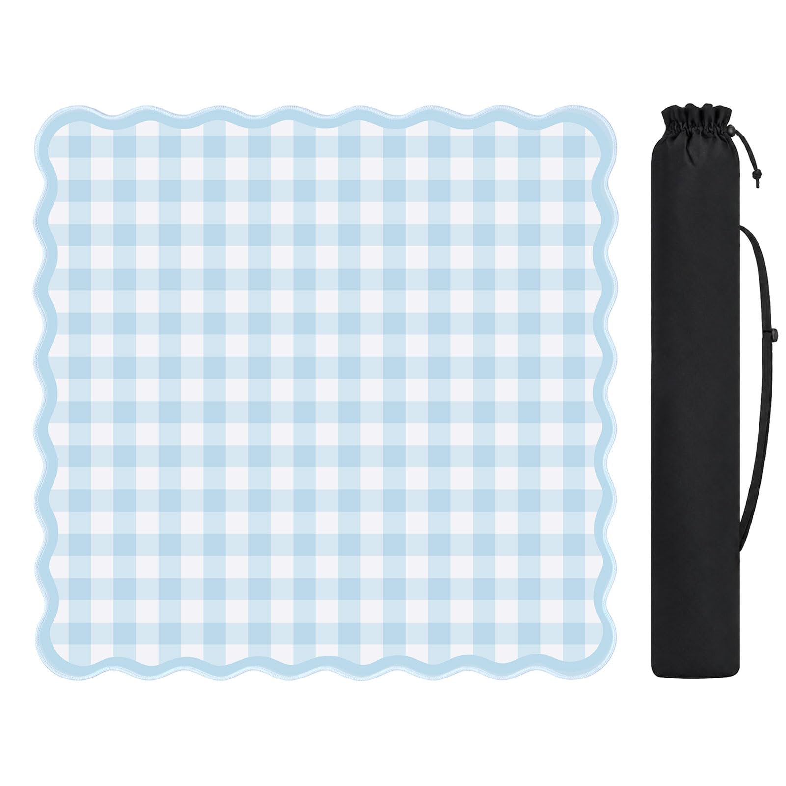 Tapis de mahjong festonné vichy 80 cm, antidérapant et antibruit pour table, tapis de jeu portable avec sac de transport pour mahjong américain, poker et dominos, bleu clair à carreaux